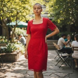 Vintage 90s Red Lace Dress – J.R. – Short Sleeve Sheath